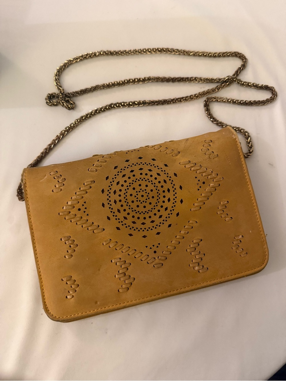 Anthropology Leather Chain Crossbody Bag in Mustard Yellow